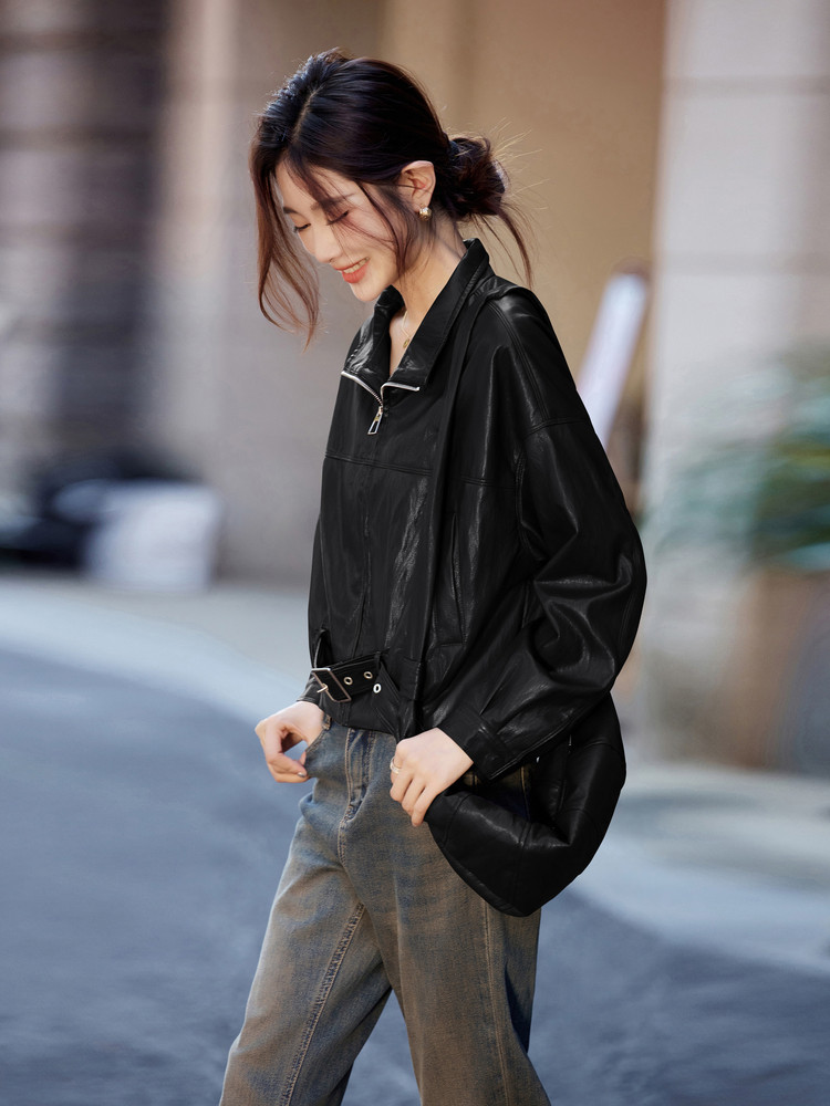 黑色美式复古包包款休闲皮衣外套女2025秋季新款巨好看减龄皮夹克,女装皮衣,安之芮娜