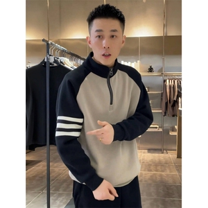 秋季新款男士时尚百搭撞色半拉链立领卫衣高级感舒适插肩袖打底图片