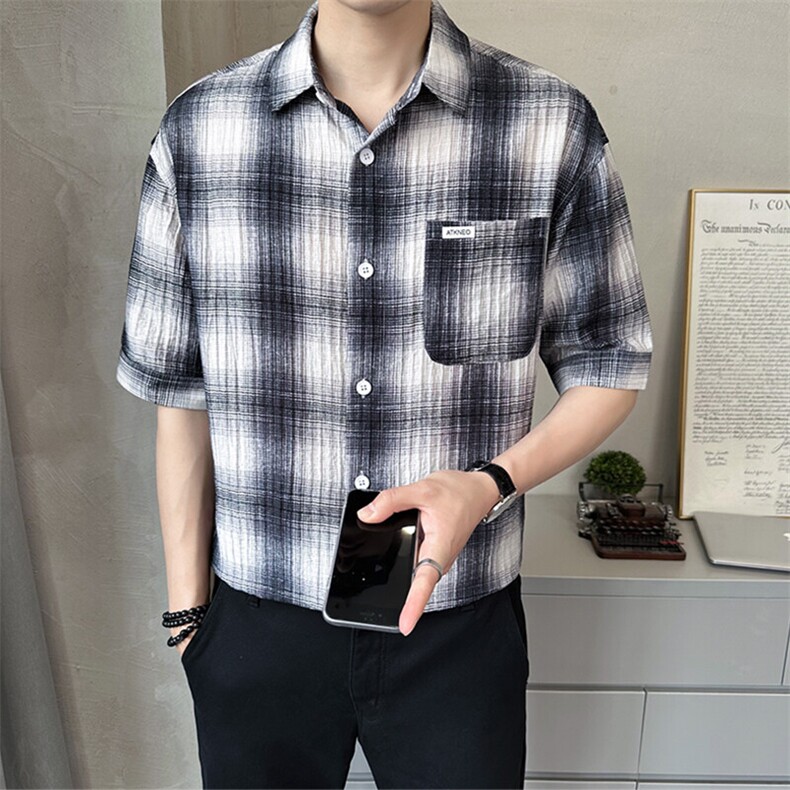 2025新款冰丝短袖格子衬衫男士翻领潮牌宽松上衣A313-W8012-P75,男装T恤,电商A313