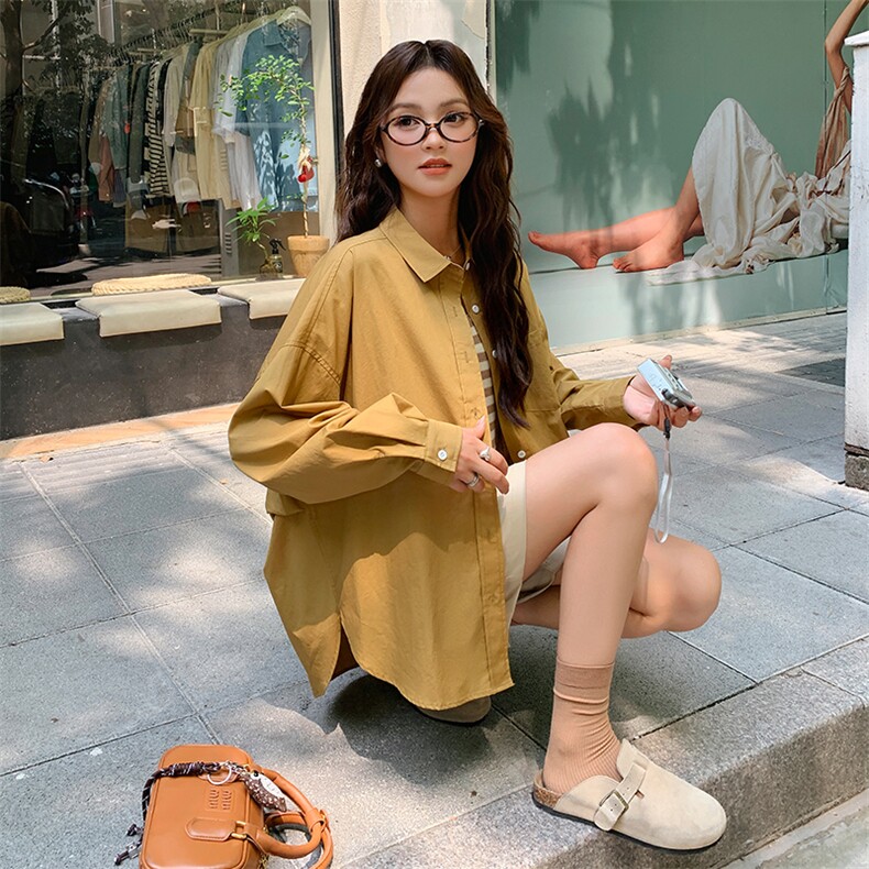 秋季长袖衬衫上衣女设计感小众新款宽松翻领黄色ins韩系纯色衬衣,女装衬衫,梦懿尔