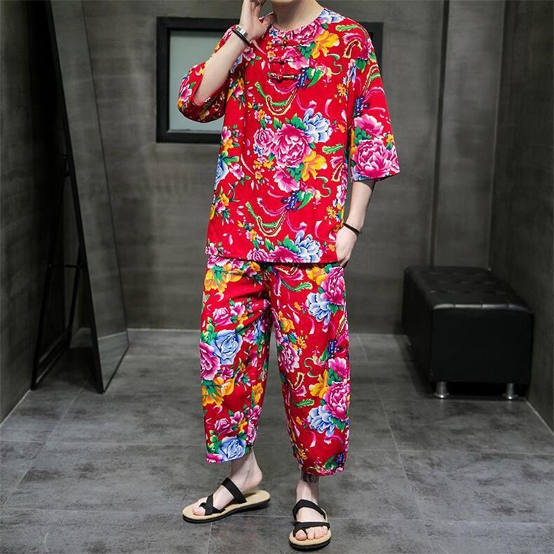 TZ340男女休闲东北大花棉麻套装薄纱透气可睡衣团队服凉爽,男装休闲套装,星座115A(原星座507）