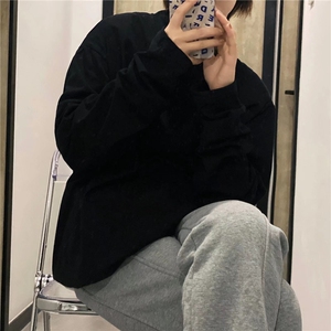纯色简约宽松长袖T恤男女春秋新款设计感开叉T103P32图片