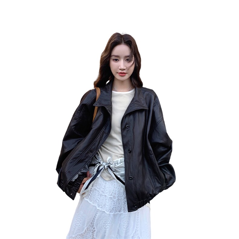 黑色时髦松弛感可盐可甜皮衣短外套女2025秋季日系复古风pu皮夹克,女装皮衣,2D034