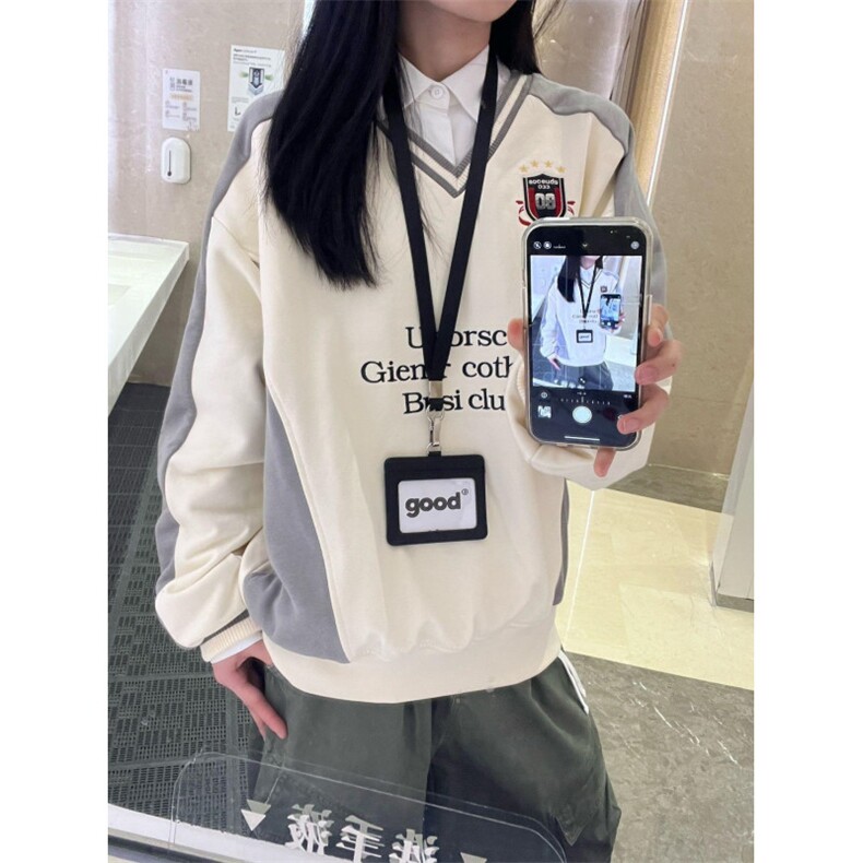 WE1949-P46徽章V领撞色拼接美式重磅运动卫衣男女,男装卫衣,电商B323A