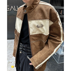 2024新美式撞色拼接皮衣外套立领机车服夹克痞帅现货W8338-P74，男装夹克，星座512-4