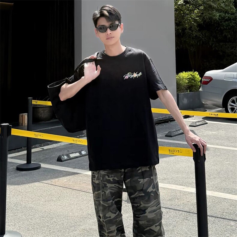 万针全刺绣工艺抖音得物高品质260克重磅纯棉双纱美式高街短袖T恤,男装T恤,电商A486