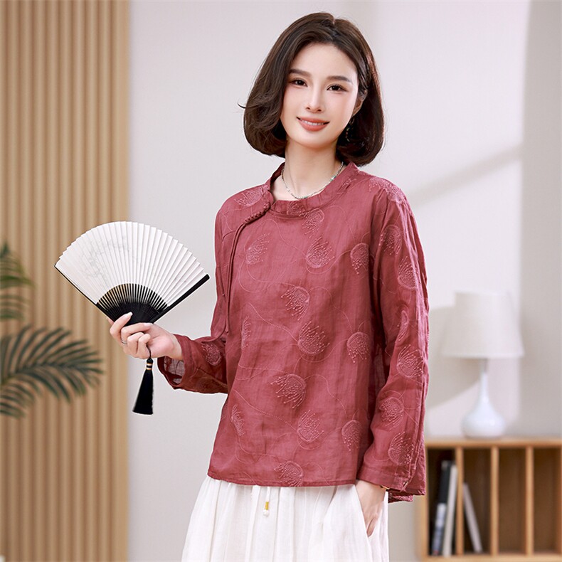 优雅刺绣苎麻圆领小衫春季新款女装长袖衬衫修身显瘦百搭上衣,女装衬衫,希欧阁