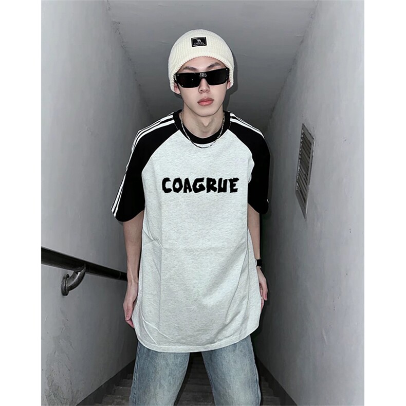 抖音得物品质二开240克宽松纯棉美式潮牌插肩三杠织带短袖T恤，男装T恤，电商A486-1