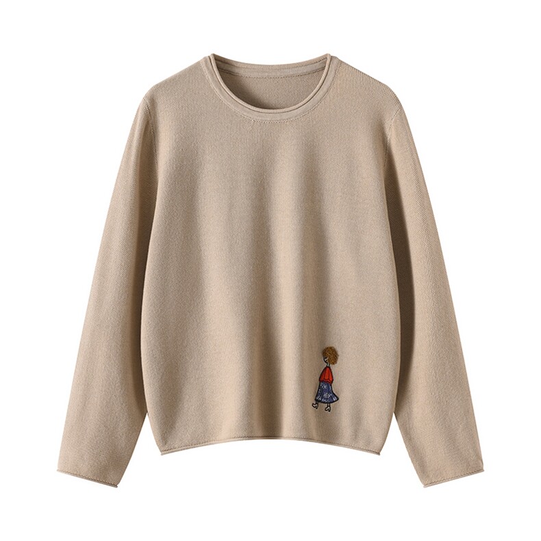 2025早春新款韩版圆领长袖小人刺绣宽松针织衫，女装针织衫/毛衣，温伦斯特羊绒