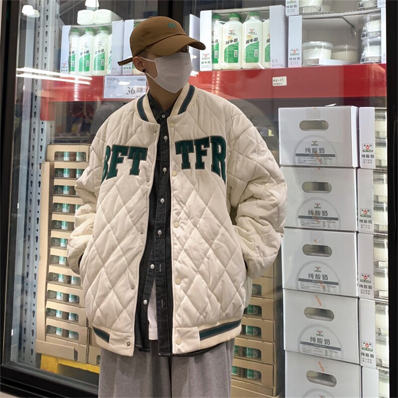 美式棒球棉服男潮牌ins秋冬季加厚棉衣港风复古菱格宽松棉袄外套,男装棉衣,星座505-2（原电商A260-1)