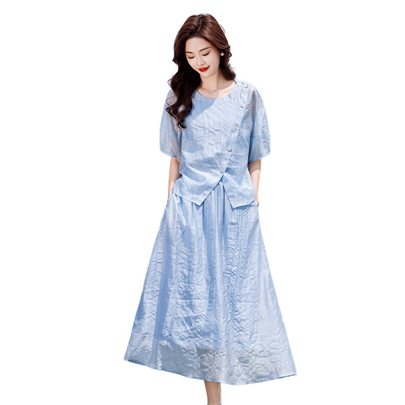 蓝色连衣裙套装女2025新款韩系夏日穿搭一整套短袖吊带裙子三件套,女装套装/套裙,靓衣阁