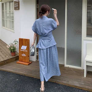 韩系休闲蓝色衬衫半身裙套装女夏2025新款两件套减龄时尚洋气显瘦图片