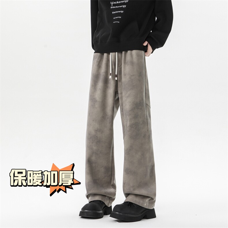 无影墙加厚保暖毛呢直筒拖地阔腿裤扎染纽扣小脚裤男7991-P65图片