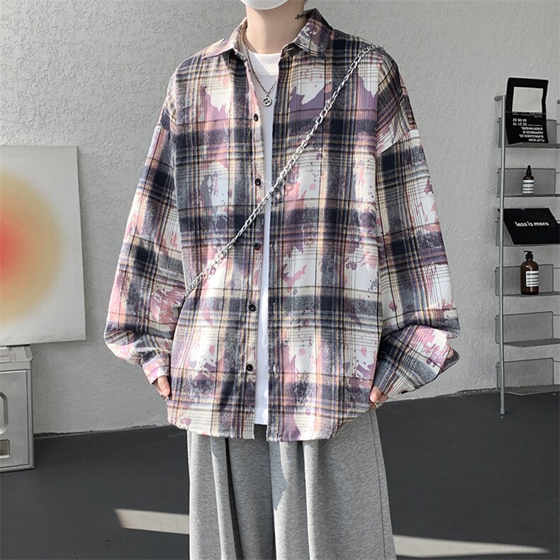 衬衫男秋冬新款港风宽松扎染格子长袖衬衣CS300-特P28，男装衬衫，星座214-3