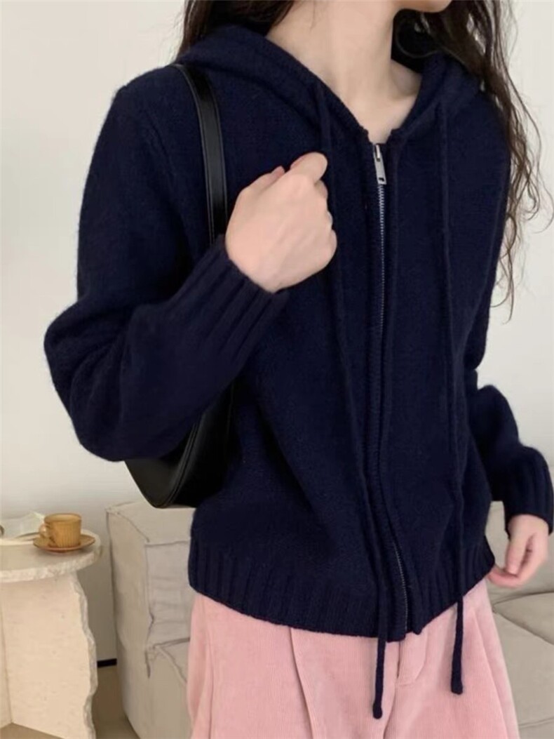 秋冬新款时尚百搭潮流双股帽绳针织开衫优雅显瘦羊毛衫,女装羊毛衫,梵泰羊绒