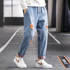 牛仔裤男秋季宽松破洞裤子ins港风九分直筒阔腿潮流长裤905-P45，男装牛仔裤，电商A318