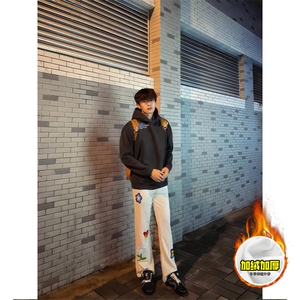 抖音得物高品质秋冬季重磅花卉刺绣潮流运动宽松加绒直筒休闲卫裤图片