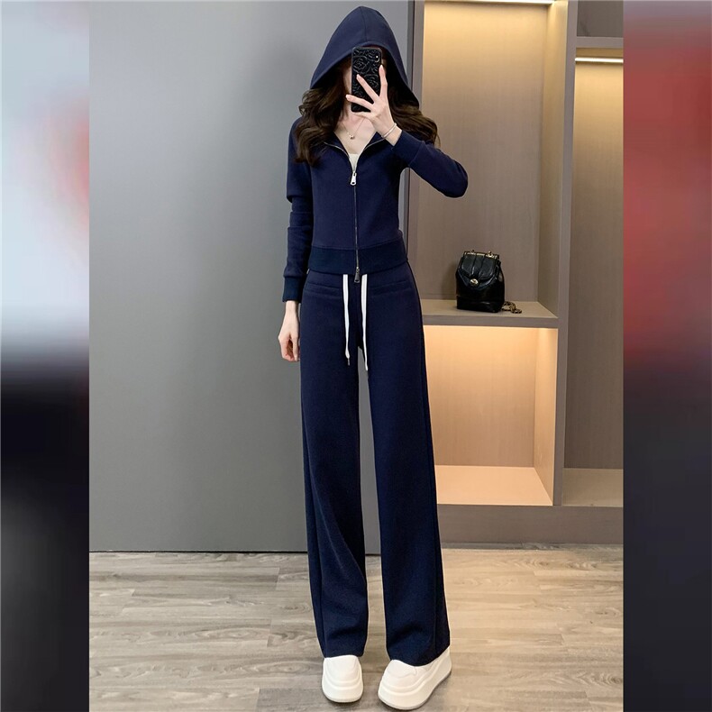 高端时尚套装女秋季新款修身显瘦双头拉链开衫卫衣阔腿长裤两件套,女装套装/套裙,江南