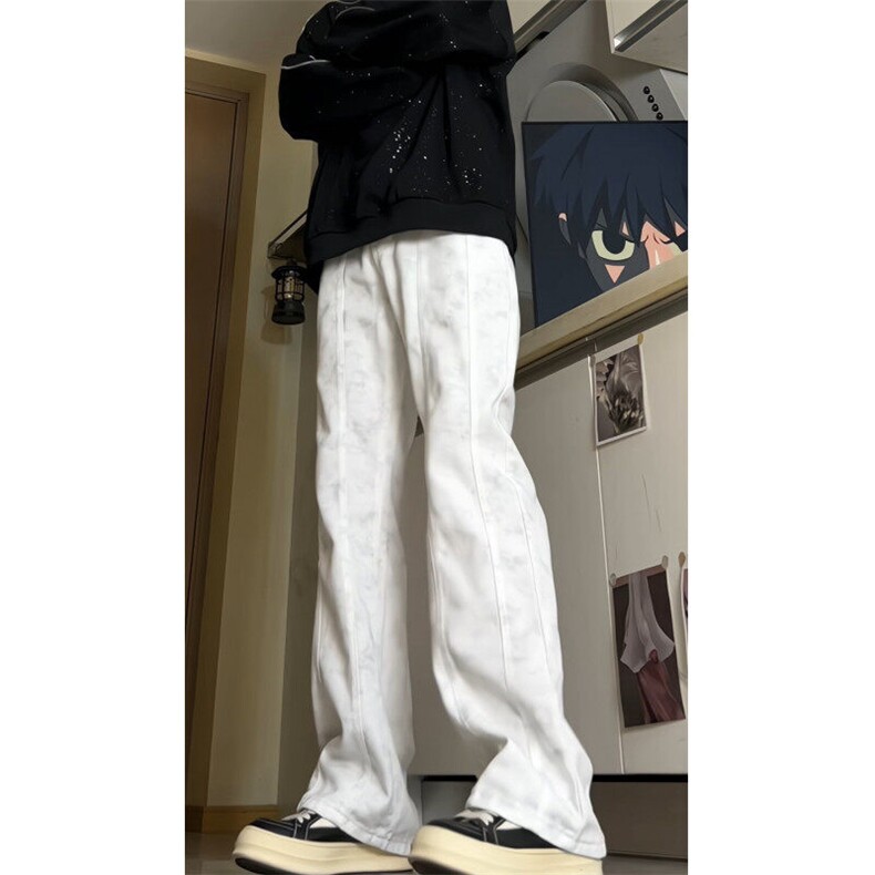 美式潮牌脏赃白色牛仔裤男生春季高街直筒微喇高级感裤子G354p45图片