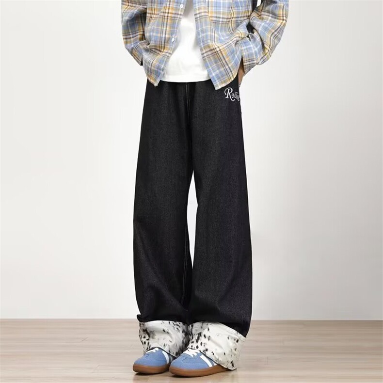 复古豹纹拼接卷边牛仔裤夏季慵懒松弛感高腰拖地阔腿弯刀裤裤子，男装牛仔裤，星座506A