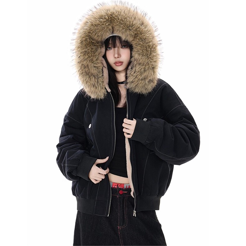 现货重磅boxy短款棉衣座山雕大毛毛领男女棉服水洗工装厚外套，男装棉衣，电商A486