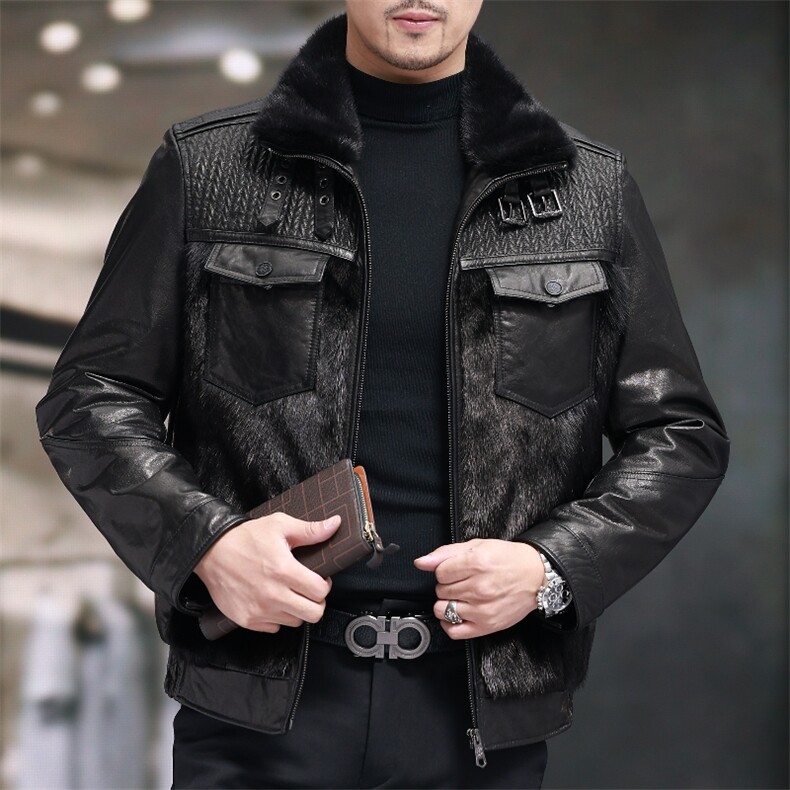 BIJ2505冬季海宁真皮羽绒服男山羊皮夹克翻领时尚男装机车皮衣,男装夹克,电商B360