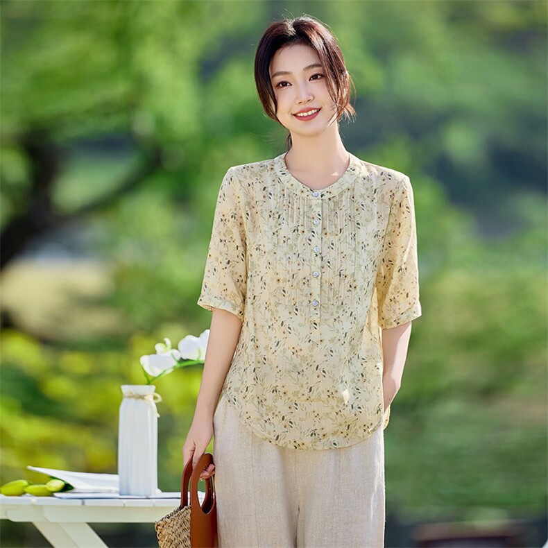 文艺风2026年夏季女短袖宽松亲肤透气文艺/优雅,女装衬衫,江南依恋