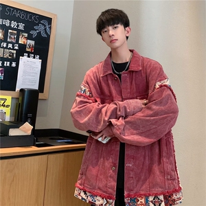 潮复古高街水洗做旧牛仔外套男款春秋hiphop美式夹克宽松情侣装图片