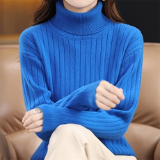 羊毛宽条高翻2024年秋季长袖套头羊毛衫，女装羊毛衫，丹芙娇羊绒