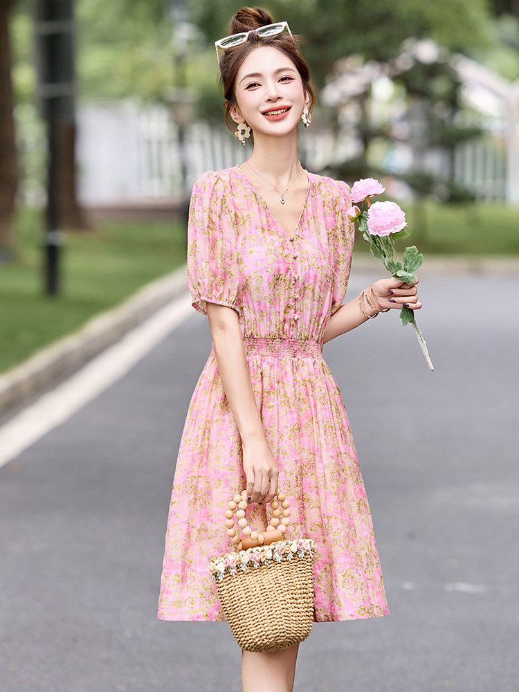 温柔甜美气质印花连衣裙女2025夏季时尚松紧收腰显瘦小个子A字裙,女装连衣裙,布芭啦