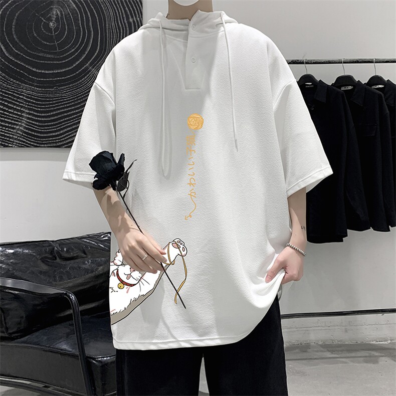 LD54013-P45连帽短袖t恤男大码胖子带帽五分袖中袖大皂风,男装T恤,电商A040