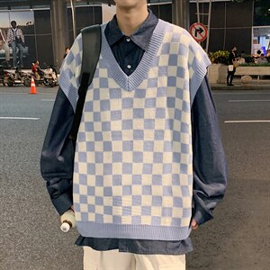 ！2025秋冬新款男士格子毛衣背心中性潮流无袖针织衫MX02P60图片