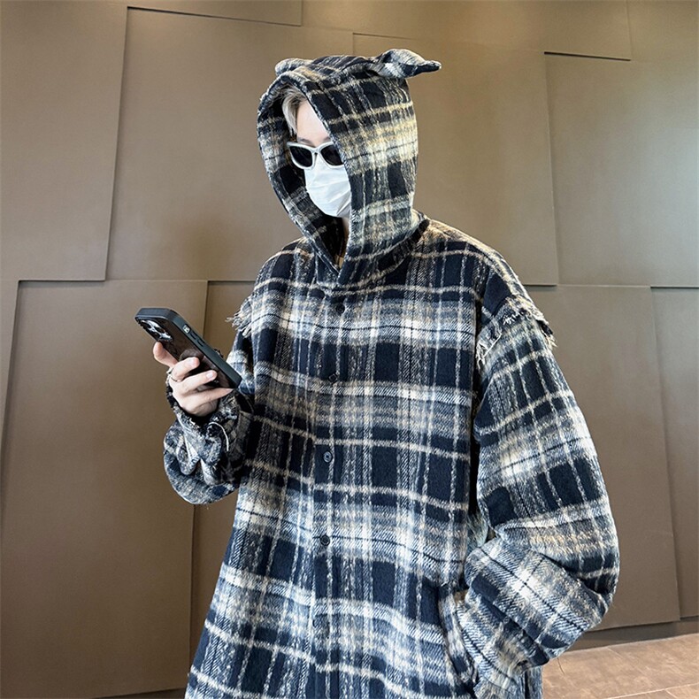 小香风格子毛呢外套男毛边拼接流苏连帽vintage美式工装夹克图片