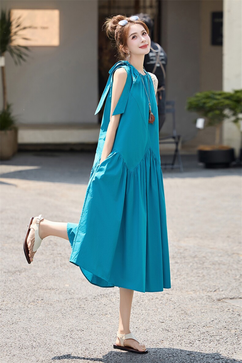 纯棉法式无袖挂脖连衣裙女2025夏季新款拼接中长款度假休闲仙女裙,女装连衣裙,木子恋