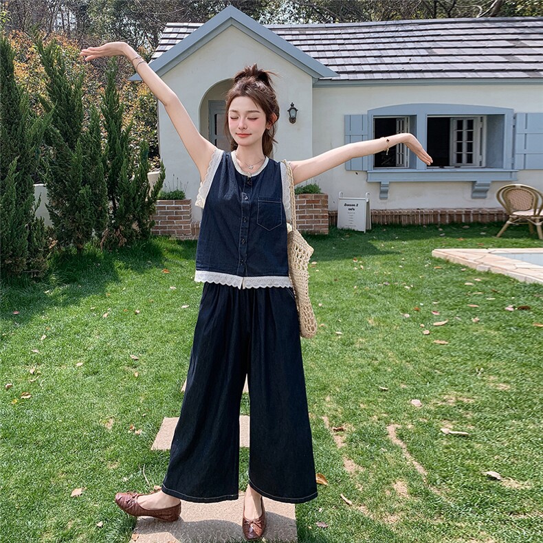 蕾丝拼接牛仔马甲阔腿裤套装女夏2025新款韩系高级感超好看两件套,女装套装/套裙,2C283