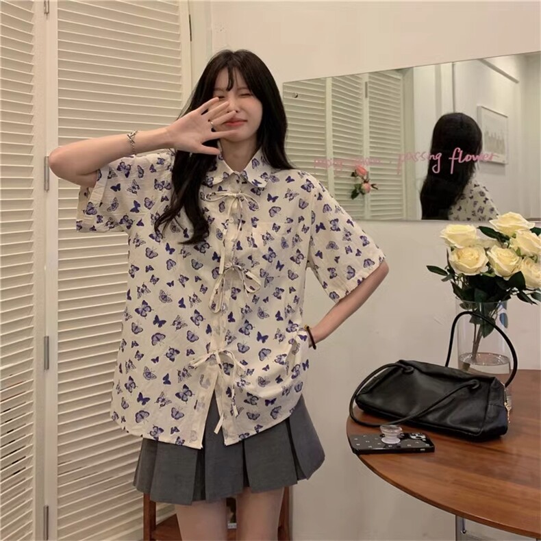 D641-P35夏日复古蝴蝶印花短袖衬衫百搭上衣,男装衬衫,星座911