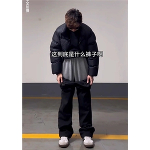 加绒微喇西裤250克立体包边松紧腰美式高街廓形西裤黑色休闲裤子图片