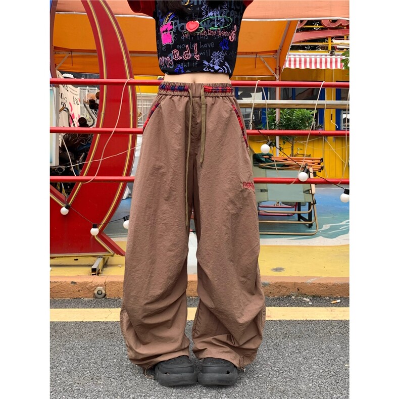 美式复古格纹撞色拼接褶皱工装裤女宽松休闲百搭拖地阔腿裤,男装工装外套,星座1210-1