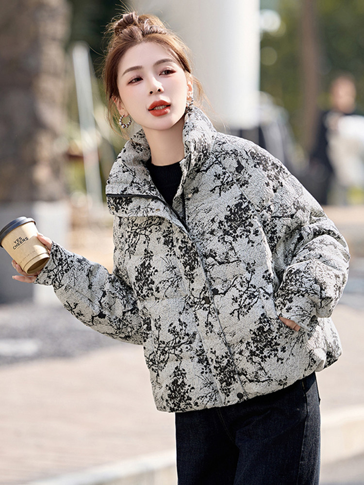 短款羽绒服女2025冬季新款小个子超好看新中式复古印花立领面包服,女装羽绒服,半夏