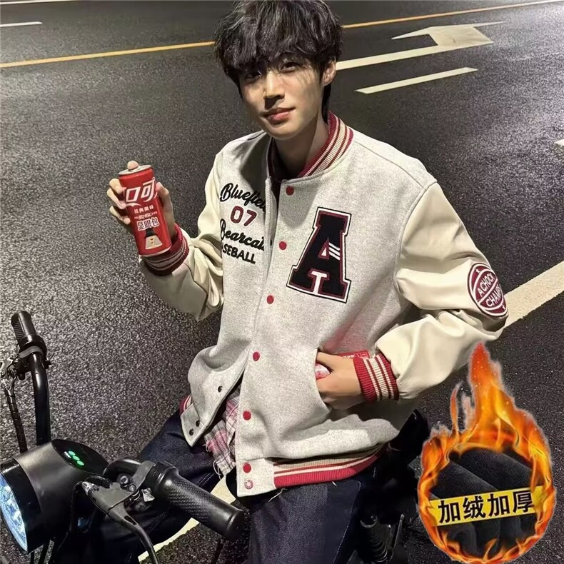 现货美式复古白灰色PU皮拼接刺绣夹棉棒球服男女JK0879/P80，女装职业装，星座205-3