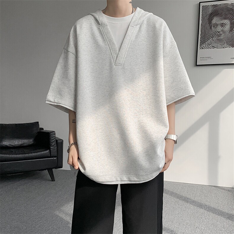 8XL-M假两件短袖卫衣连帽t恤男夏季薄款宽松大码学生半袖DT007P48,男装T恤,电商B312