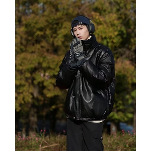 日系ins复古PU皮棉衣男生冬季潮加厚百搭保暖立领棉服 FK85 P90图片