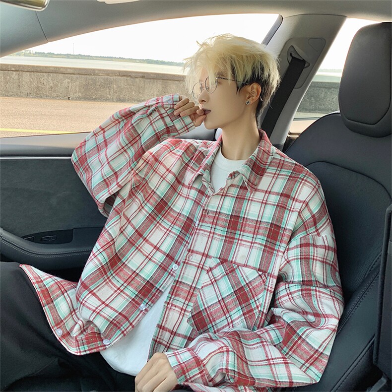 衬衫男秋季新款港风宽松磨毛格子长袖衬衣CS602-特P28无差价，男装衬衫，星座214-3