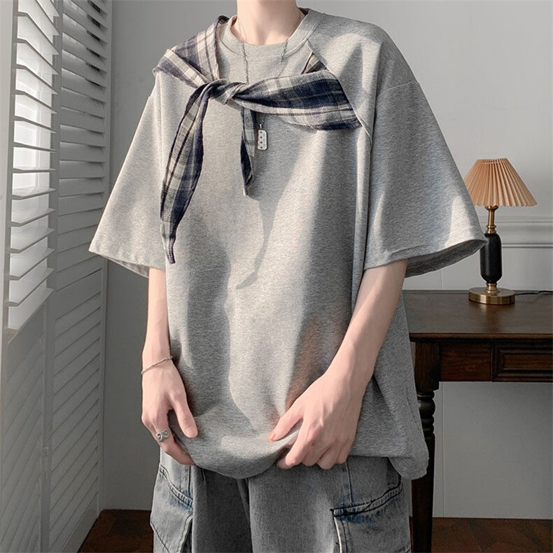 C542P40格子蝴蝶结拼接短袖t恤男ins夏季潮胖人宽松半袖体恤衫，男装T恤，星座512-6