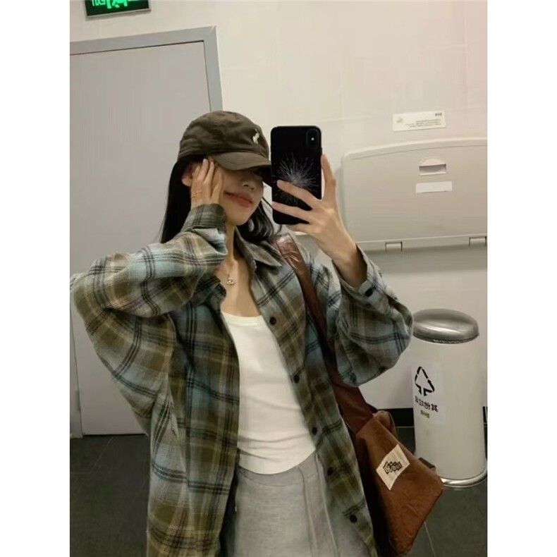 美式复古格子衬衫女2025新款春秋薄款设计感小众宽松长袖衬衣外套图片