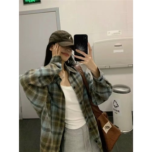 美式复古格子衬衫女2025新款春秋薄款设计感小众宽松长袖衬衣外套图片