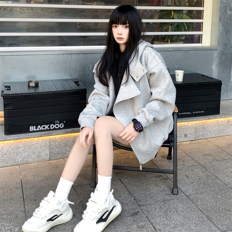 抖音得物品质26春装美式重磅结构斜拉链高领连帽卫衣开衫外套W61,女装短外套,电商A486