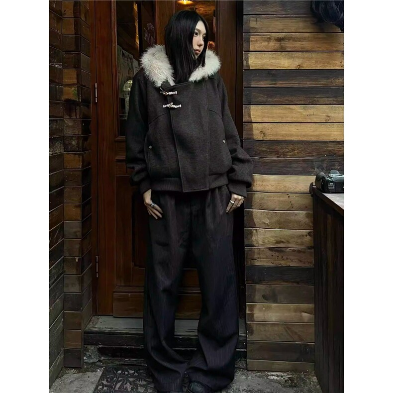 斜门襟牛角扣新款座山雕毛呢棉服棉衣男女冬季vintage高级感外套图片