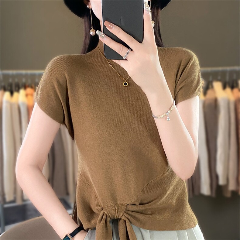 半高领系带蝴蝶结针织衫女夏季大码微胖妹妹薄款气质温柔显瘦上衣,针织衫/毛衣,暖姿羊绒