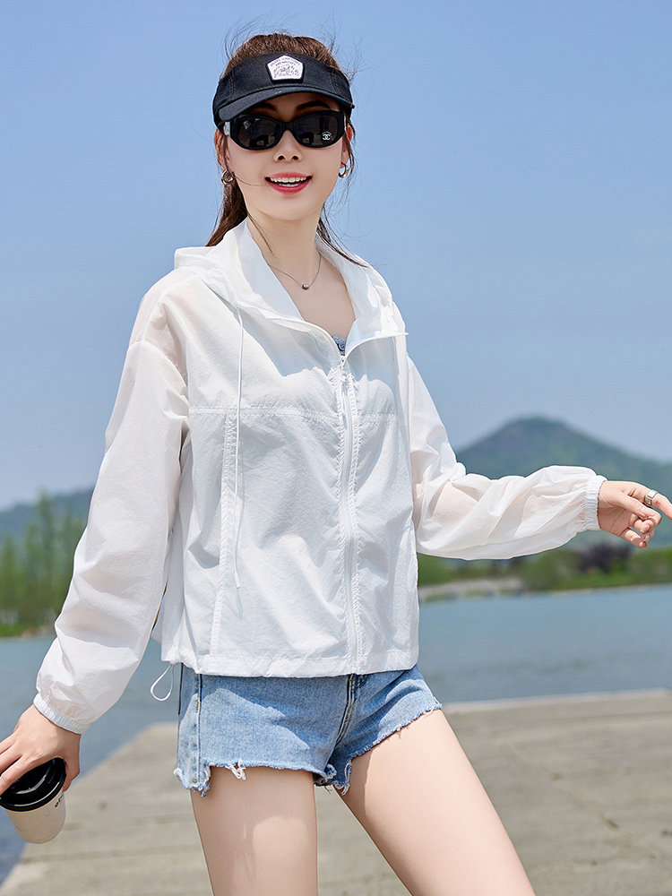 防晒衣女短款薄外套2025夏季新款防紫外线透气户外百搭连帽防晒服,女装防晒衣,以桐